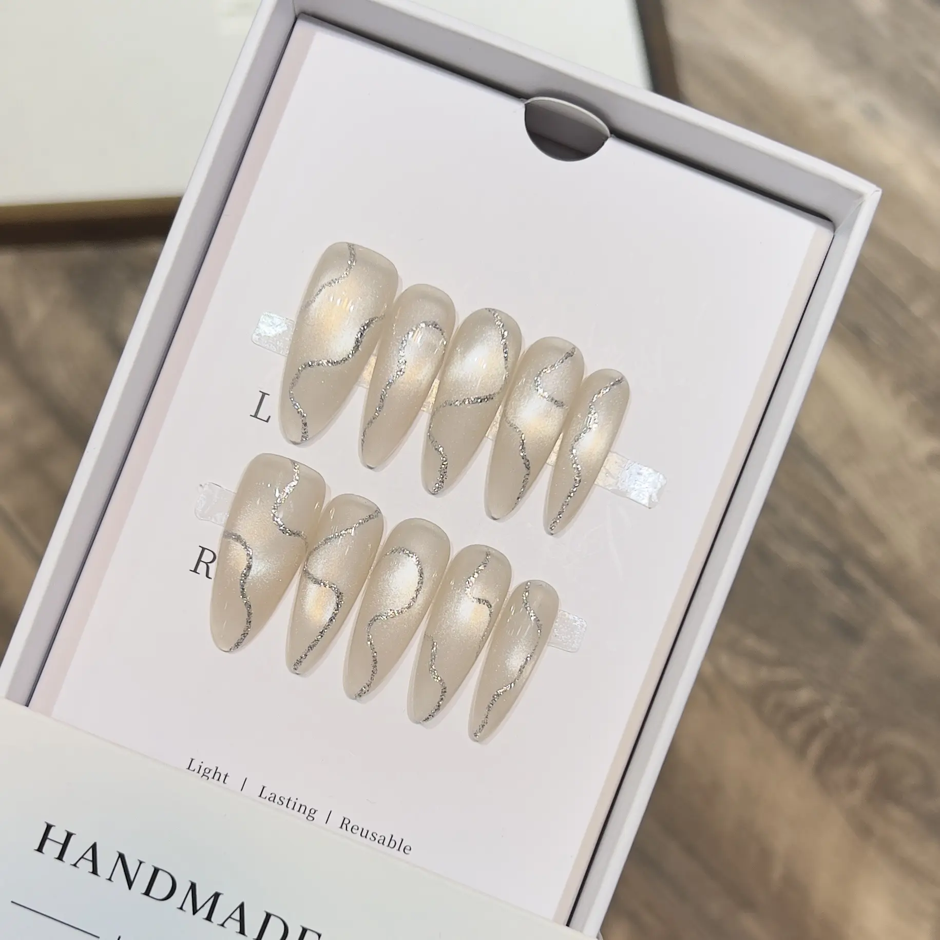 黛瑞森 【银丝简韵】简约猫眼穿戴甲手工纯欲裸色美甲可拆卸甲片