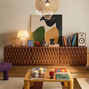 已夏中古风风琴电视柜北美红橡木客厅储物柜设计师胡桃色大容量