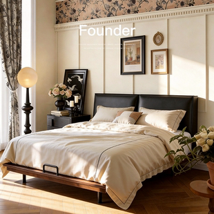 已夏 中古风主卧室复古风北美白蜡木双人简约全真皮床实木 墨方床