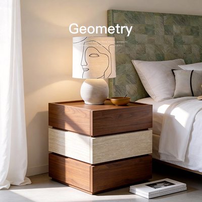 已夏木石间高级感意式极简轻奢设计胡桃色洞石实木床头柜卧室家用