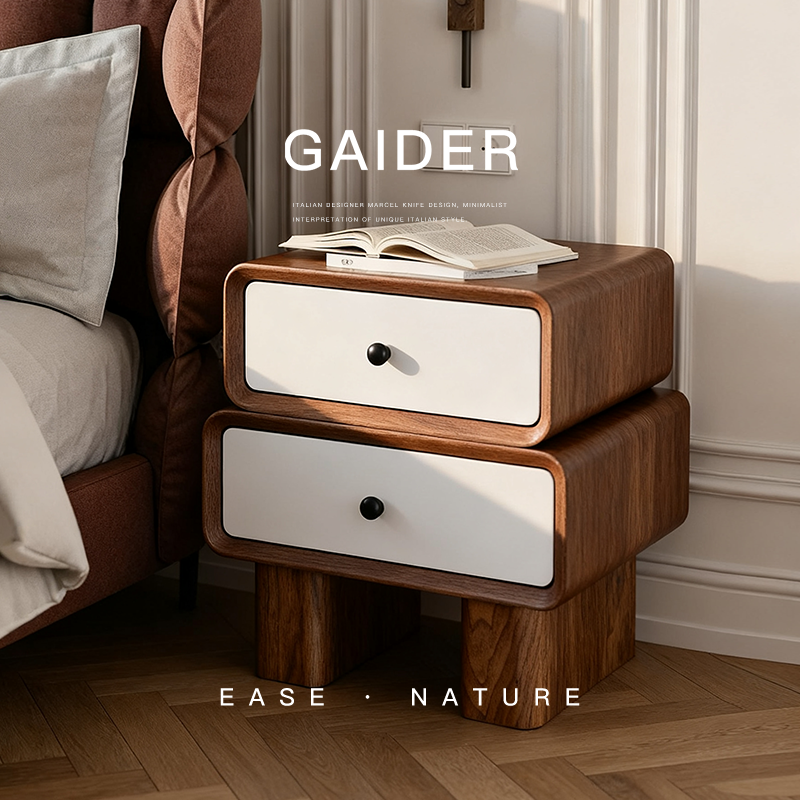 某某严选中古法式奶油风黑胡桃木皮烤漆设计师卧室家用儿童床头柜