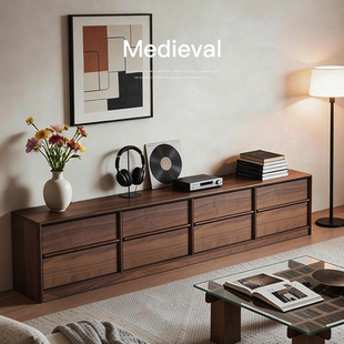 已夏时光电视柜黑胡桃中古骨骼线客厅实木立柜家用侘寂储物大容量