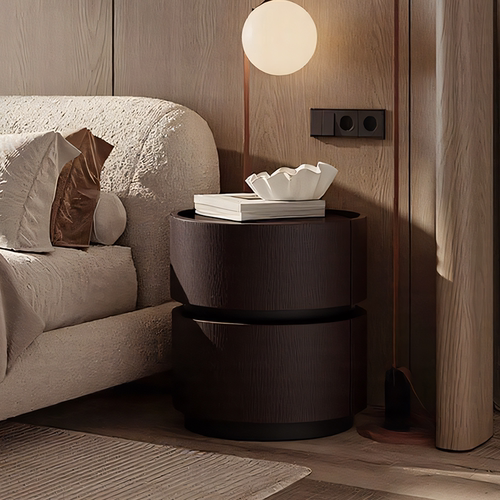 已夏2025款意式极简马鞍皮实木圆形现代设计师高端置物床头柜