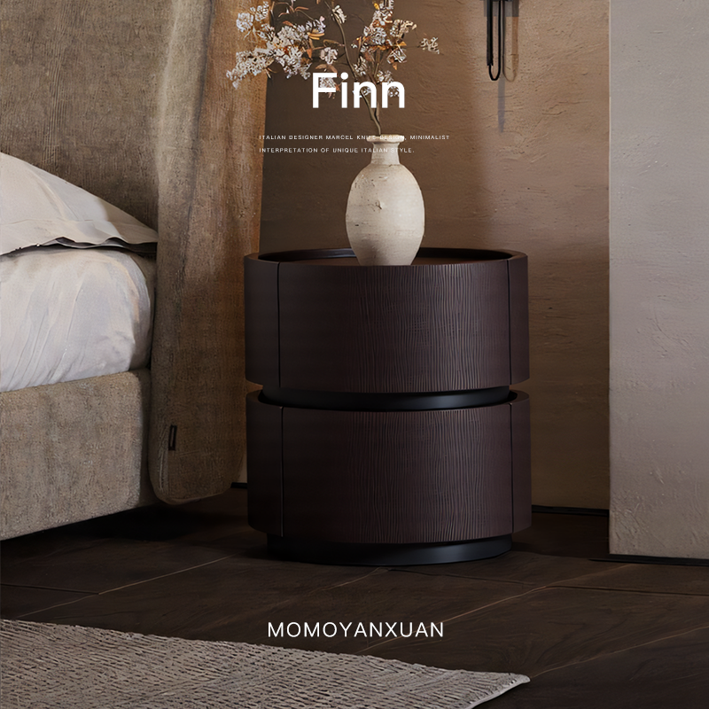 某某严选2025款意式极简马鞍皮实木圆形现代设计师高端置物床头柜