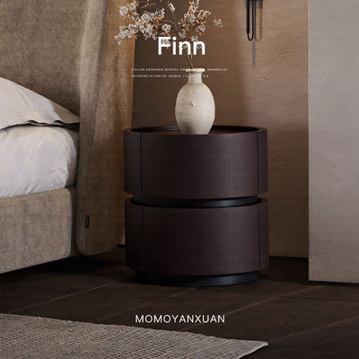 某某严选2025款意式极简马鞍皮实木圆形现代设计师高端置物床头柜