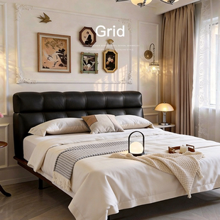 已夏 中古风主卧室复古风北美白蜡木双人简约全真皮大床 方序软床