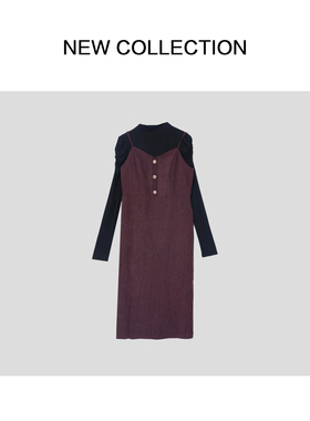 【一一专享】复古优雅吊带拼接长袖连衣裙 D3F58037