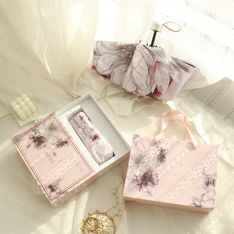 复古花卉印花折叠伞女便携五折超轻小防晒遮阳伞礼盒装手提包套装