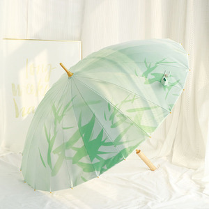 新中式竹青24骨长柄伞彩胶国风拍照防晒抗UV女晴雨两用遮阳伞