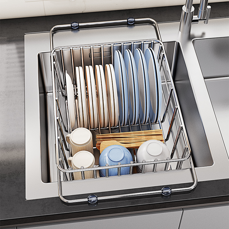 帅仕不锈钢厨房水槽沥水架伸缩洗碗池沥水篮洗菜盆果蔬碗碟收纳层