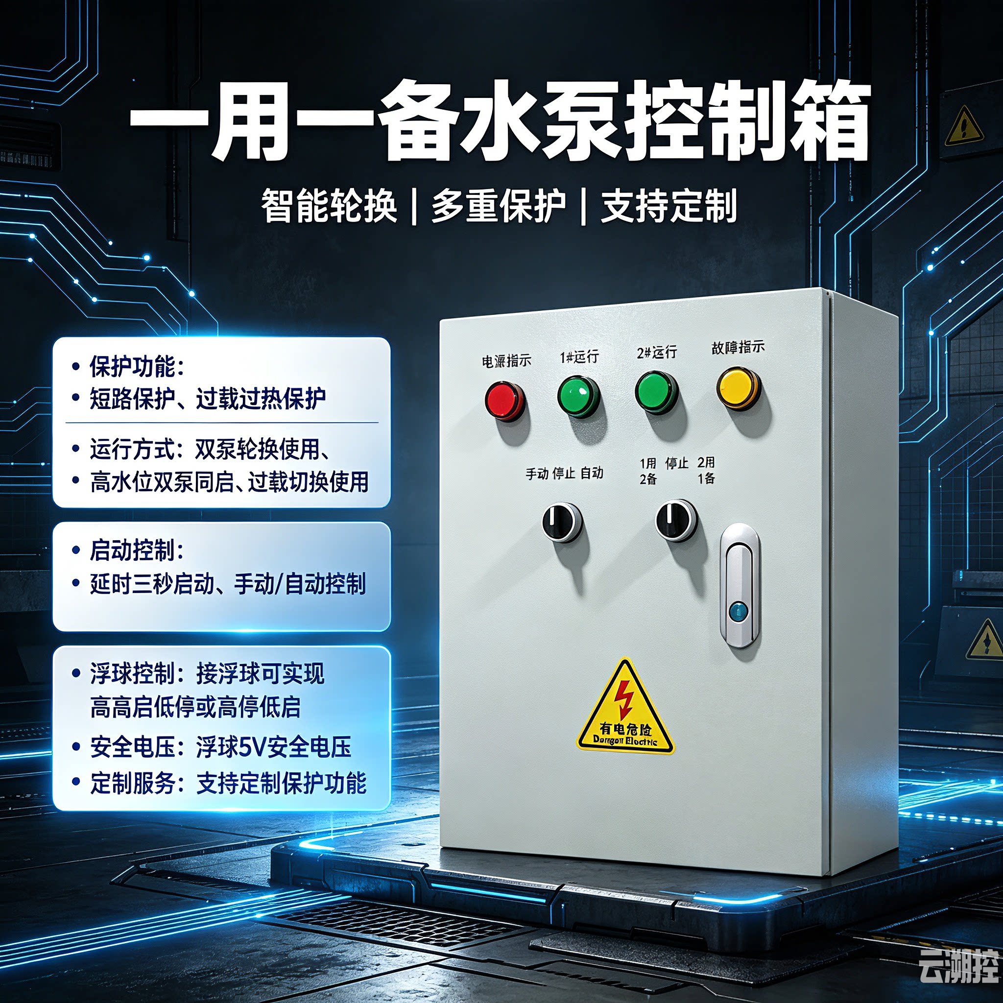 一用一备水泵控制箱一控二5V安全电压浮球浸水破损无触电自动轮换