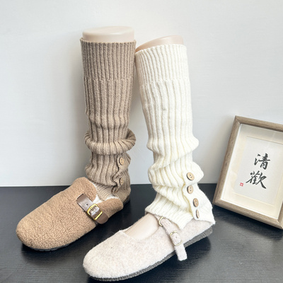 纽扣开叉针织袜套女秋冬保暖加厚