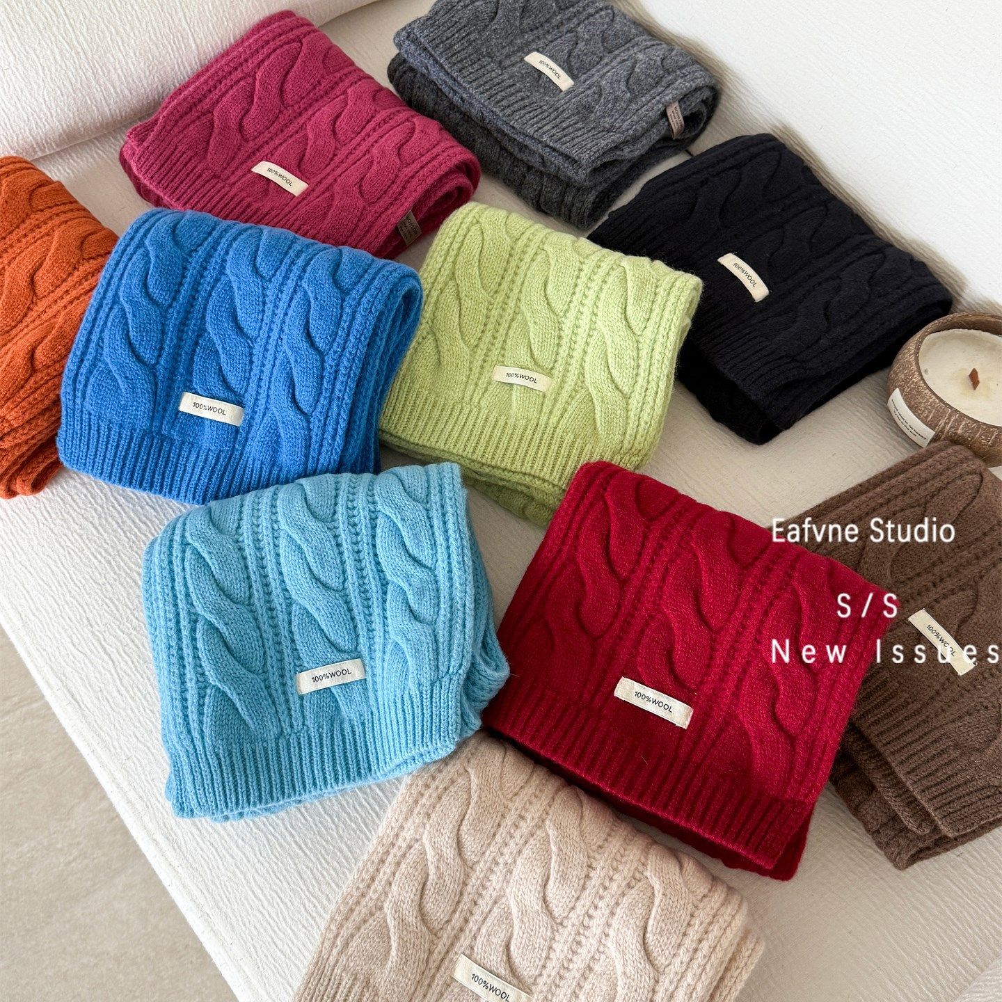 高级感100%羊毛针织毛线围巾冬季女纯色麻花复古保暖围脖情侣英伦