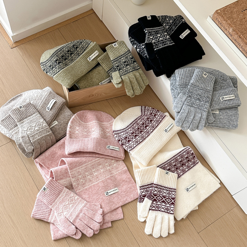 帽子围巾手套三件套冬天加厚保暖防寒加绒针织男女雪花情侣毛线帽