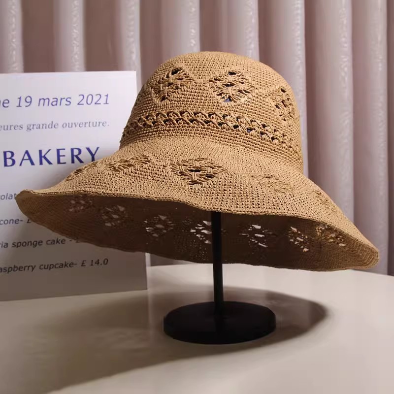 手工编织镂空草帽女夏季海边度假防晒遮阳大帽檐可折叠草编渔夫帽