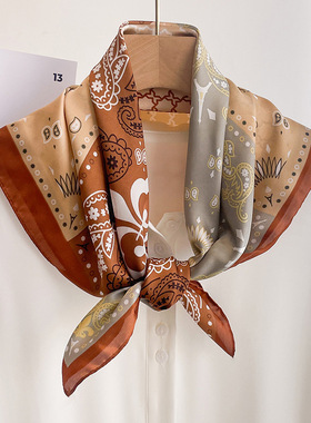 蓝色小腰果仿真丝小方巾女士围巾2025新款春夏季薄款丝巾高级感