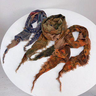 印花复古国风细长三角巾女士夏季护颈围巾个性细长保暖丝巾领巾