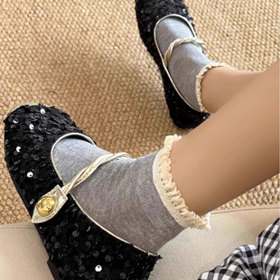 薄款 袜子女中筒袜ins潮春秋季 日系甜美可爱木耳边长袜夏天堆堆袜