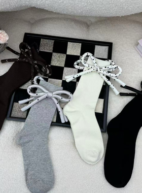 秋冬小众手工蝴蝶结短袜女j塔y2k日系复古充棉蝴蝶结中筒袜潮
