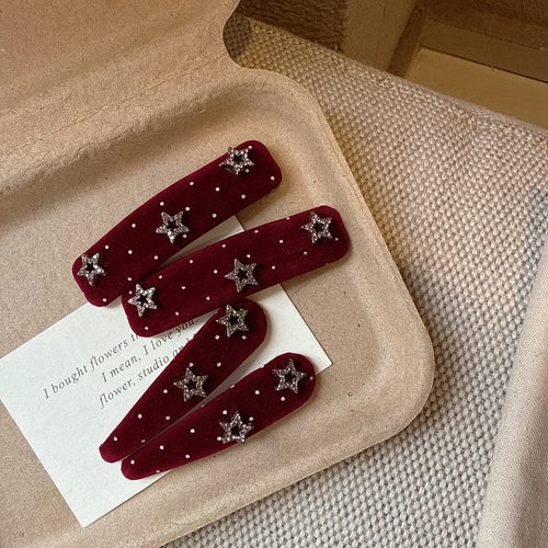 高级感丝绒布艺长方形水滴BB夹个性水钻五角星点点发夹边夹刘海夹