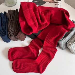 春秋半透红色薄棉连裤袜女简约时髦miu系复古宽条纹烟灰色打底袜