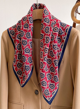 红色腰果花70CM棉麻发带丝巾小方巾男女薄款围巾装饰西装领巾头巾