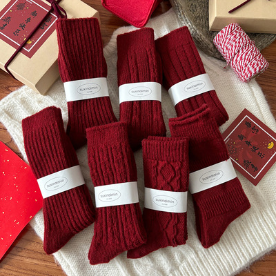 suxinaimin本命年大红袜子女秋冬季保暖羊毛中筒袜新年鸿运堆堆袜