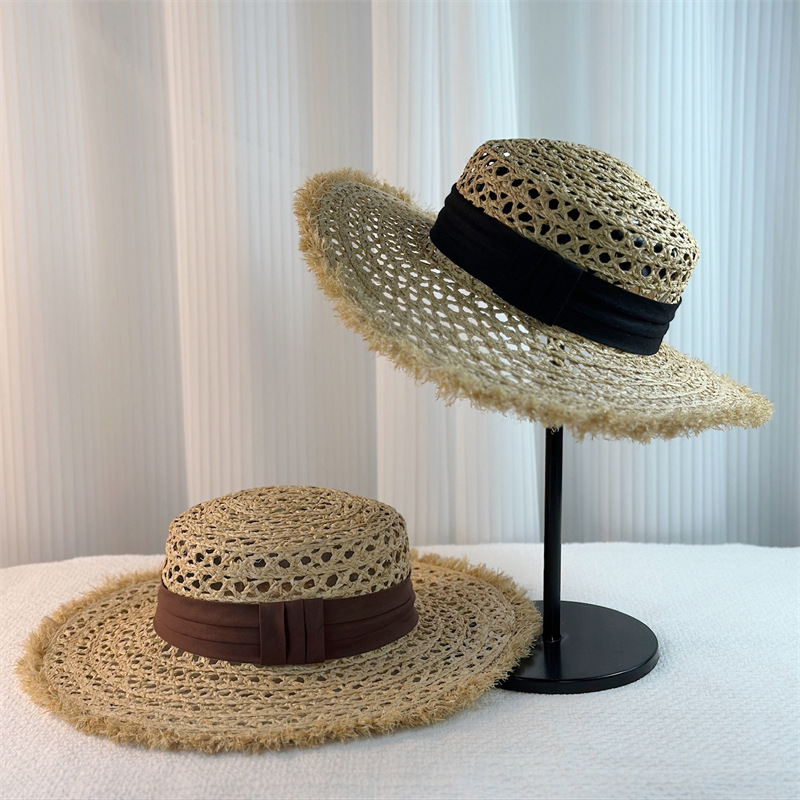 夏季镂空帽子度假出游欧美风平檐帽拉菲草手工编织草帽女士大帽檐