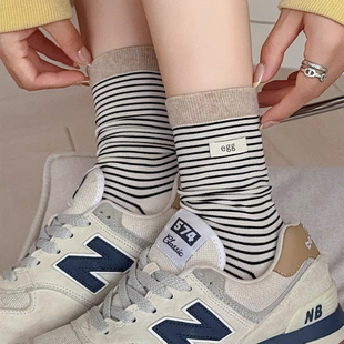 袜子女秋冬新品 撞色egg布标无骨条纹棉中筒袜学生袜女袜 韩国同款