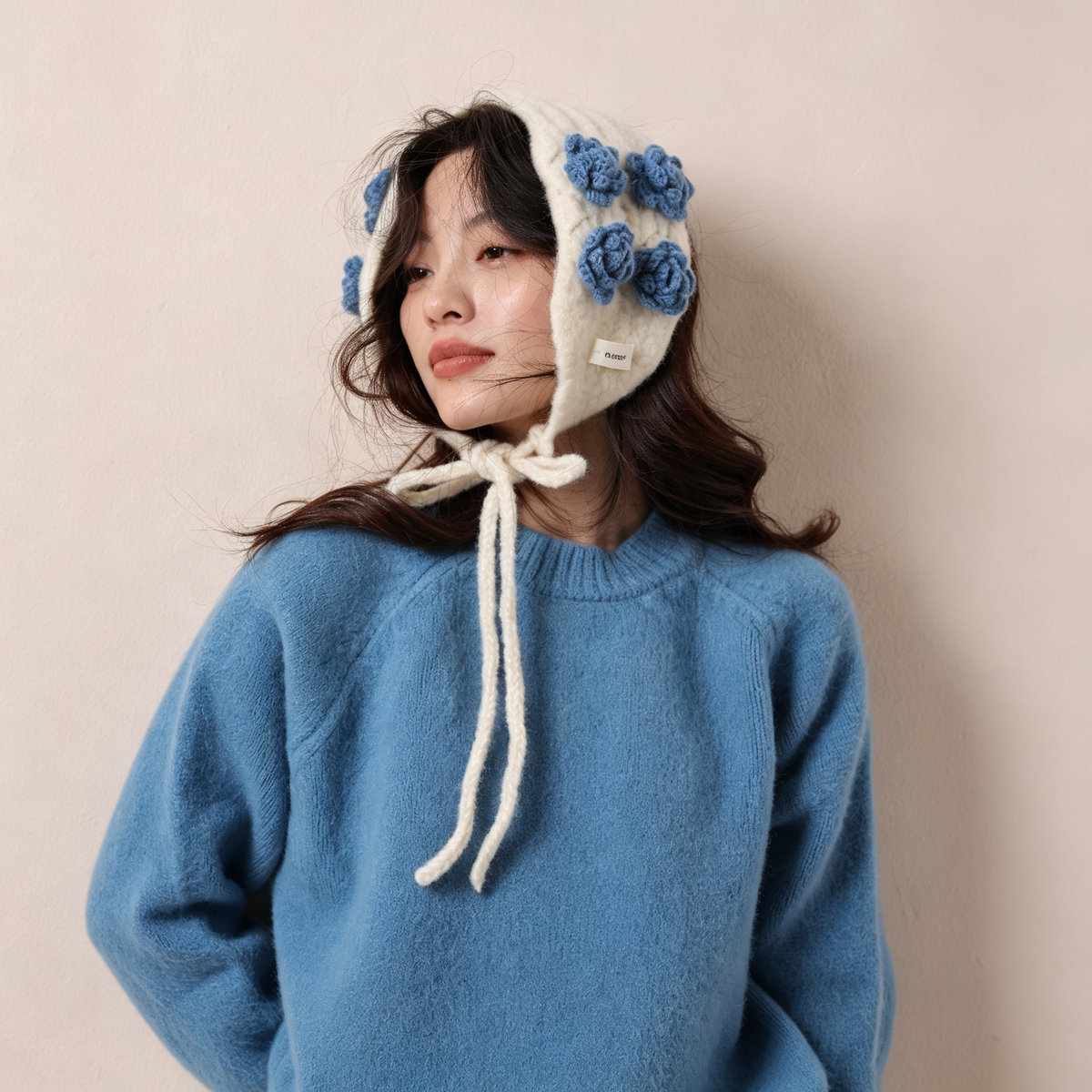冬季可爱毛线针织耳包女氛围感钩针花朵绑带加厚保暖防冻防风耳暖