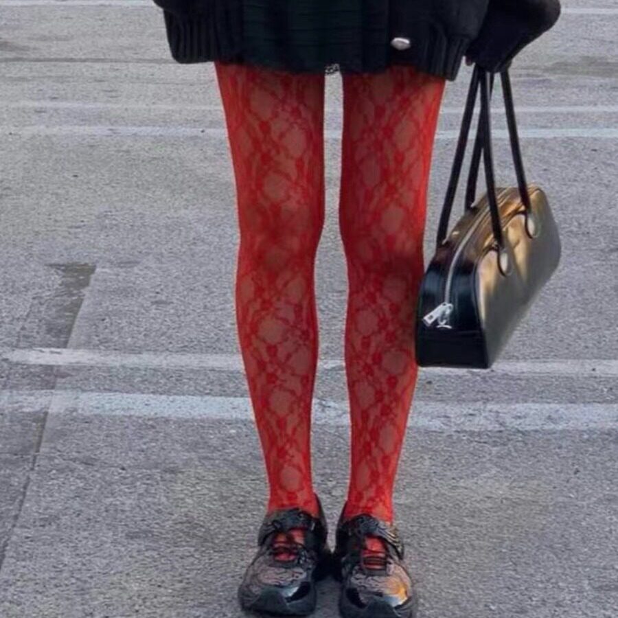 时髦大红色韩版东大门弹力蕾丝镂空连体裤袜丝袜长袜打底袜新年红