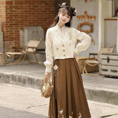 原创落叶诗改良汉服女国风新中式汉元素学院风半裙日常套装百褶裙