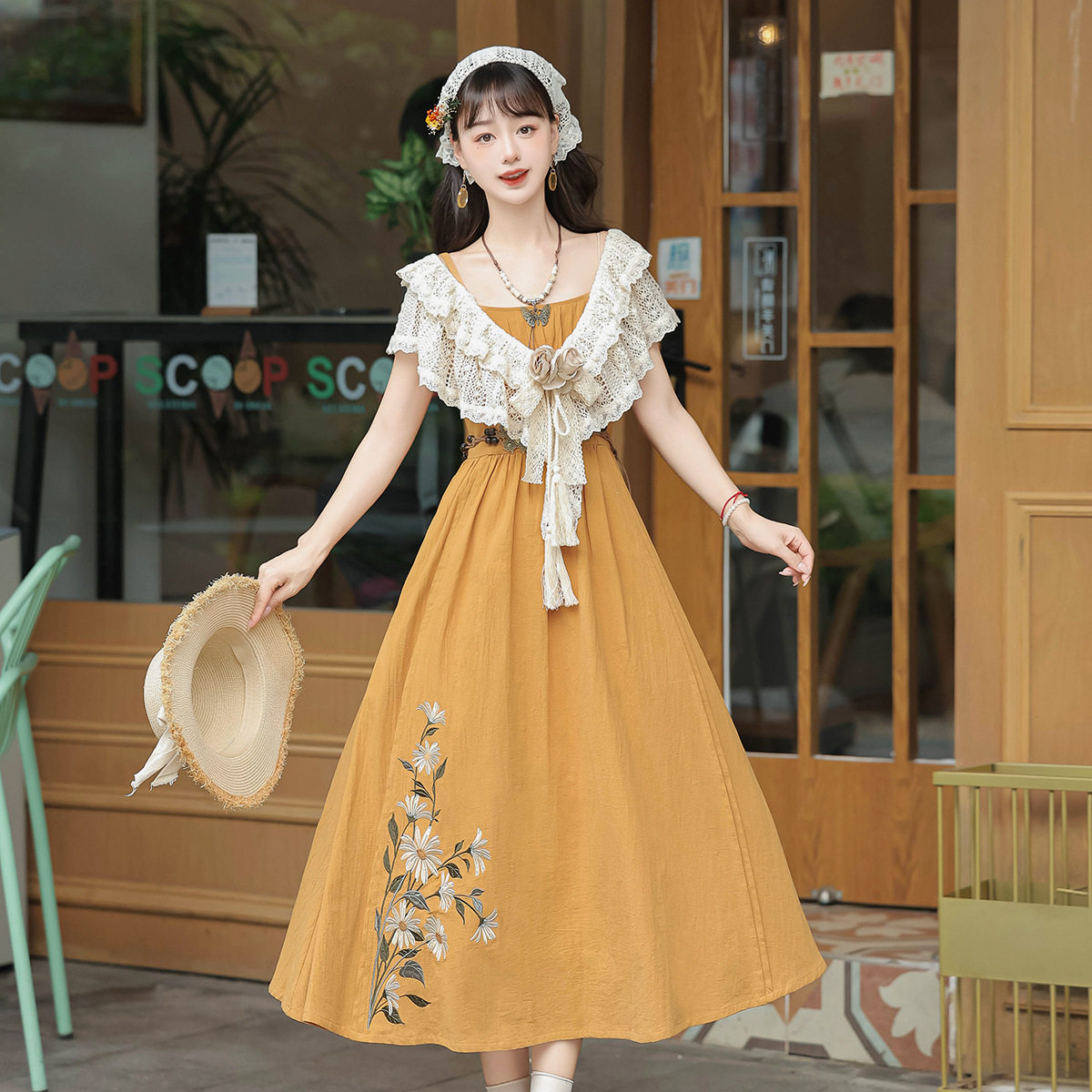 原创设计直到黄昏汉服女中国风改良汉元素头巾披肩吊带裙套装时尚