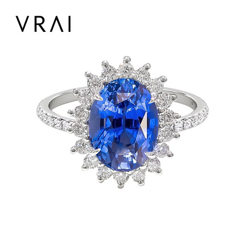 VRAI芮爱 戴妃款椭圆蓝宝石戒指 皇家蓝主石成品婚戒 节日礼物