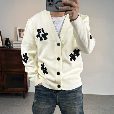 拼图刺绣秋冬男士慵懒风针织开衫