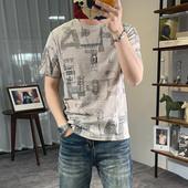 2025圆领青年印花刺绣上衣修身 大满花冰丝棉麻短袖 t恤男夏季 透气