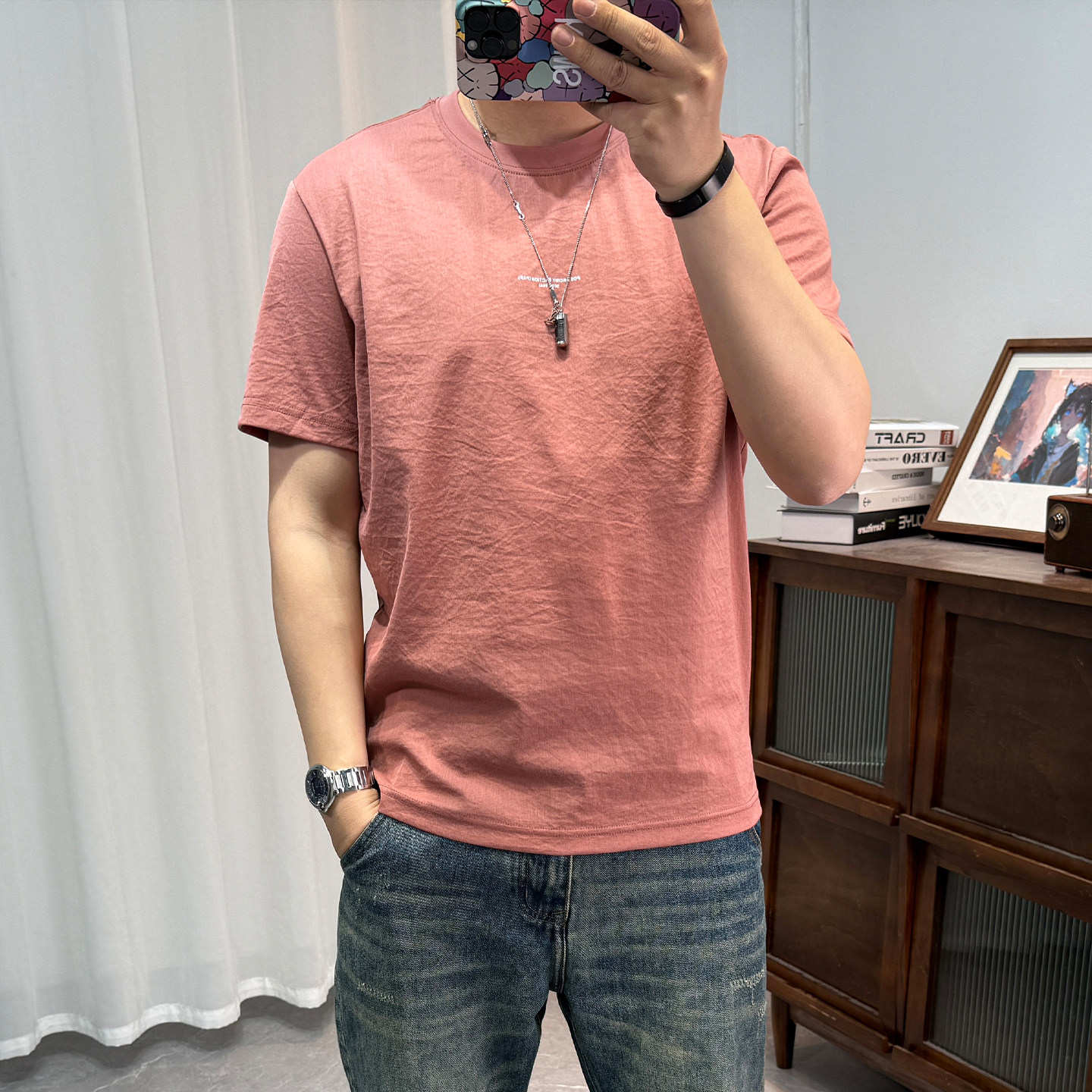 纯色清凉棉麻短袖T恤男夏季新品字母印花青年圆领修身透气体恤衫