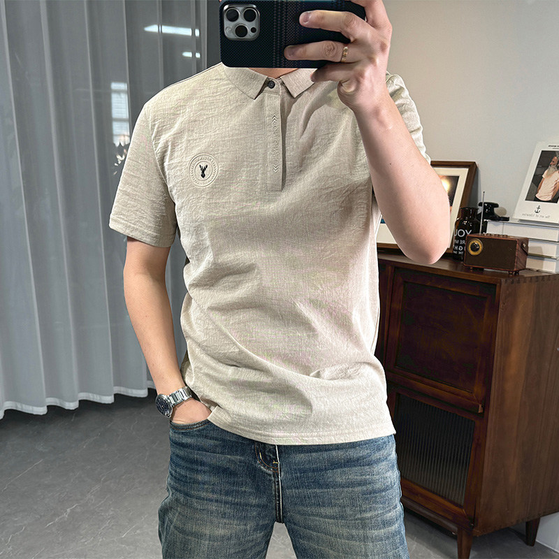 夏季棉麻Polo衫短袖t恤男新款鹿头贴标青年翻领修身麻料半袖男装