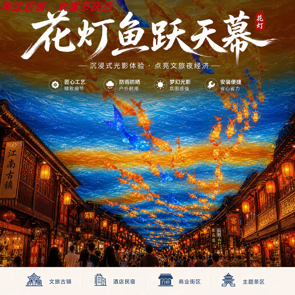 大型花灯鱼跃鱼灯天幕古镇文旅夜游网红吊顶灯光打卡美陈装置定制