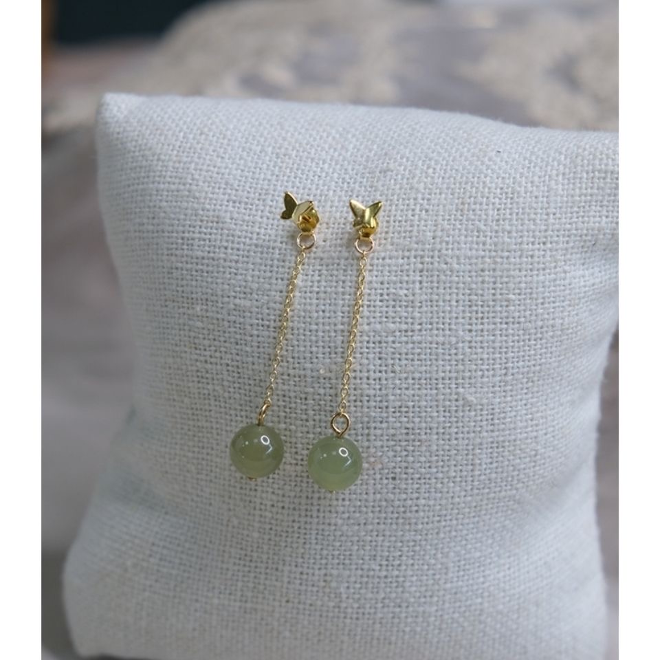 手作和田玉蝴蝶耳钉流苏长耳环s925银旗袍汉服耳饰淑女潮耳钉耳坠