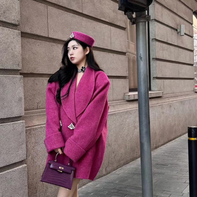 双面羊绒大衣中长款钻石扣