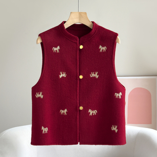 新中式国风红色双面羊毛马甲女短款立领单排扣刺绣无袖毛呢外套