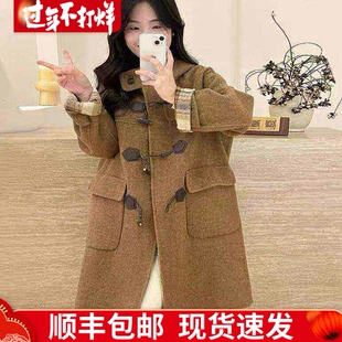 复古格子双面羊毛大衣女中长款2025新款牛角扣连帽减龄毛呢外套