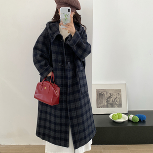 格子连帽双面羊毛大衣女长款2025年秋冬新款时尚休闲百搭毛呢外套