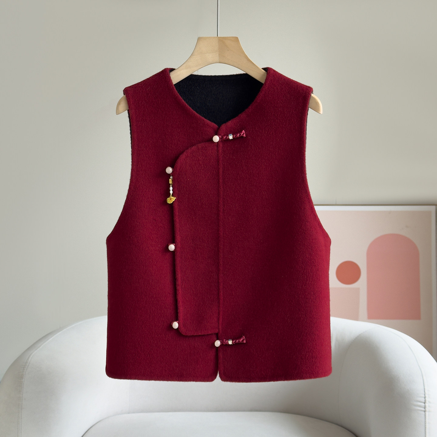 新中式国风红色双面羊毛马甲女盘扣圆领无袖坎肩双面呢背心外搭,女装/女士精品,毛呢外套,淘宝优惠券,粉丝福利购,淘宝优惠卷