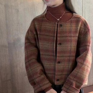 复古格子双面羊绒大衣女短款2025秋冬新款小个子茧型宽松毛呢外套