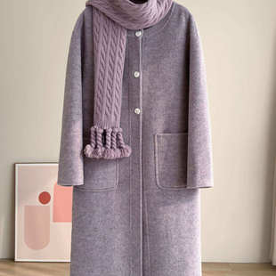 毛呢外套 紫色单排扣双面呢围巾领韩版 双面羊毛大衣女长款 2025新款