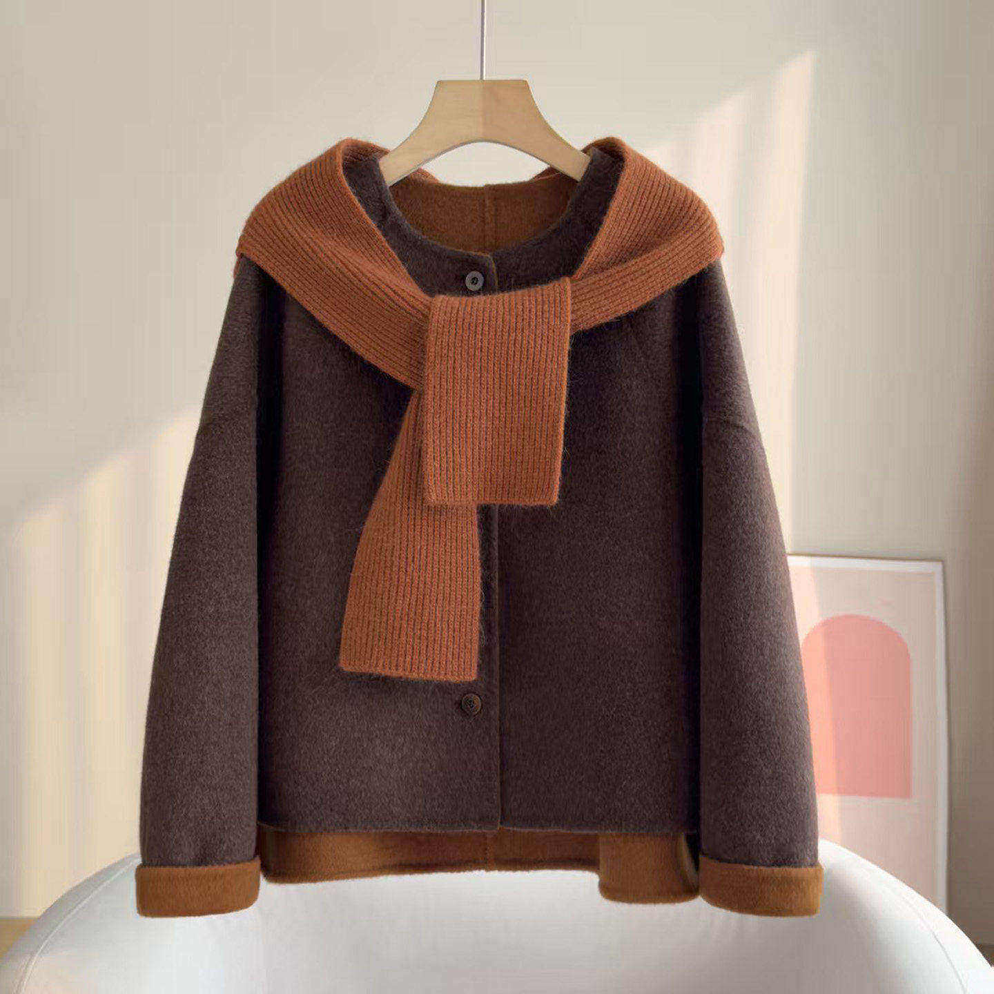 韩系双面羊毛大衣女短款2025冬季新款撞色可拆卸围巾帽毛呢外套潮