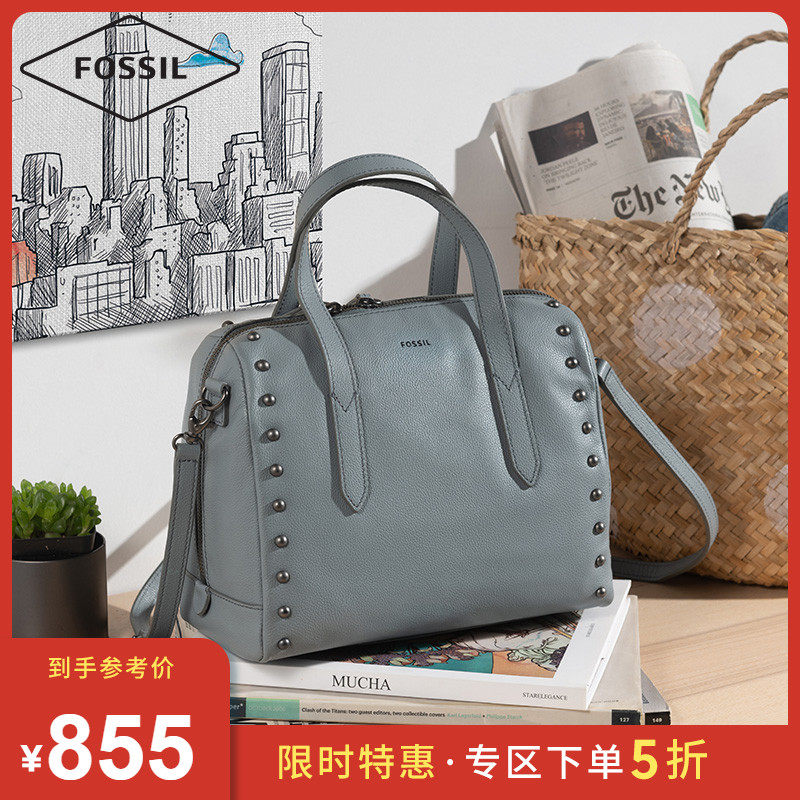 Fossil化石复古摩登波士顿包牛皮拉链手提单肩斜挎女包圆筒水桶包