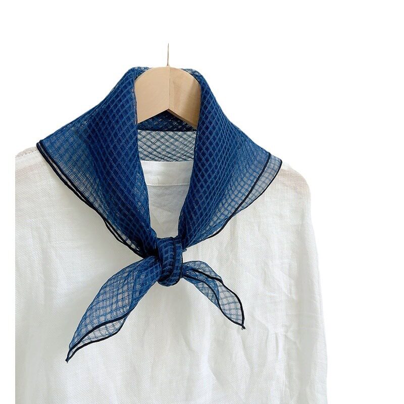 复古仿蓝染真丝羊毛小方巾薄款护颈纱巾气质通勤飘逸细窄长围巾女